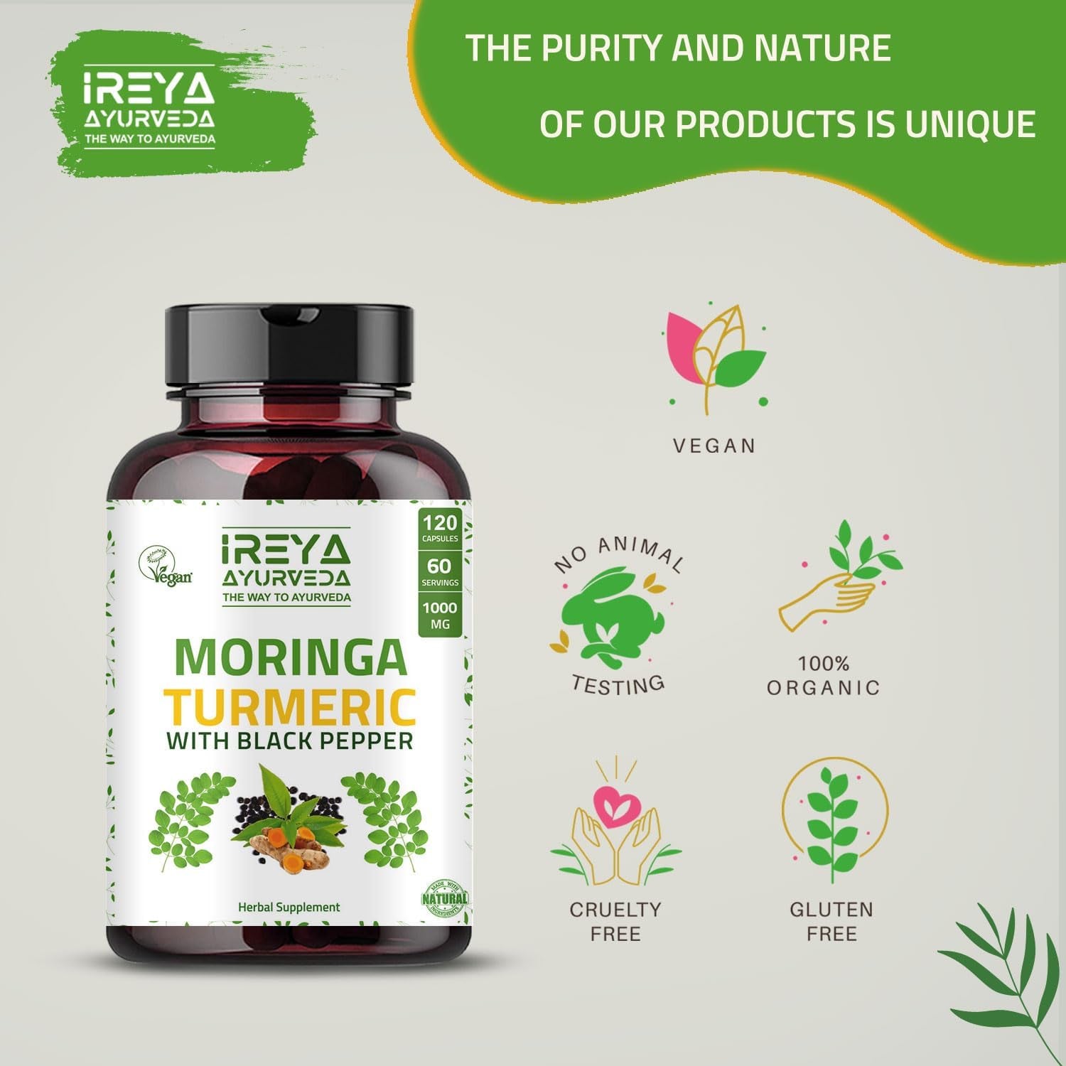 Moringa Oleifera Powder & Turmeric Root Powder with Black Pepper 120 Capsules | Immunity & Metabolism Support, Joint and Digestive Support. Vegan, Gluten-Free and Non-Gmo