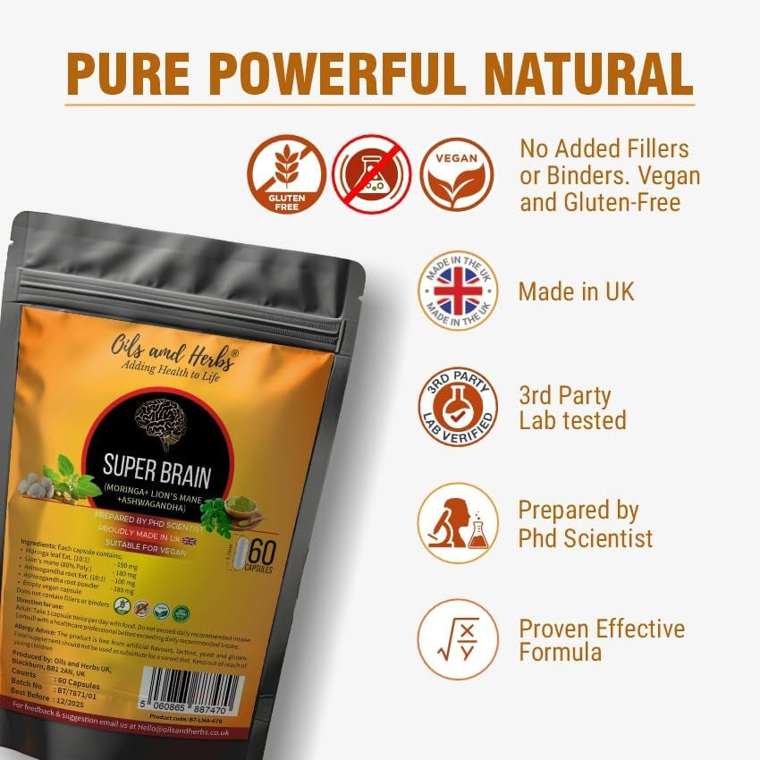 Super Brain- Moringa with Ashwagandha Lion Mane Mushroom 8600Mg- 100% Natural- No Added Fillers or Binders- Boost Your Brainpower and Enhance Mental Clarity