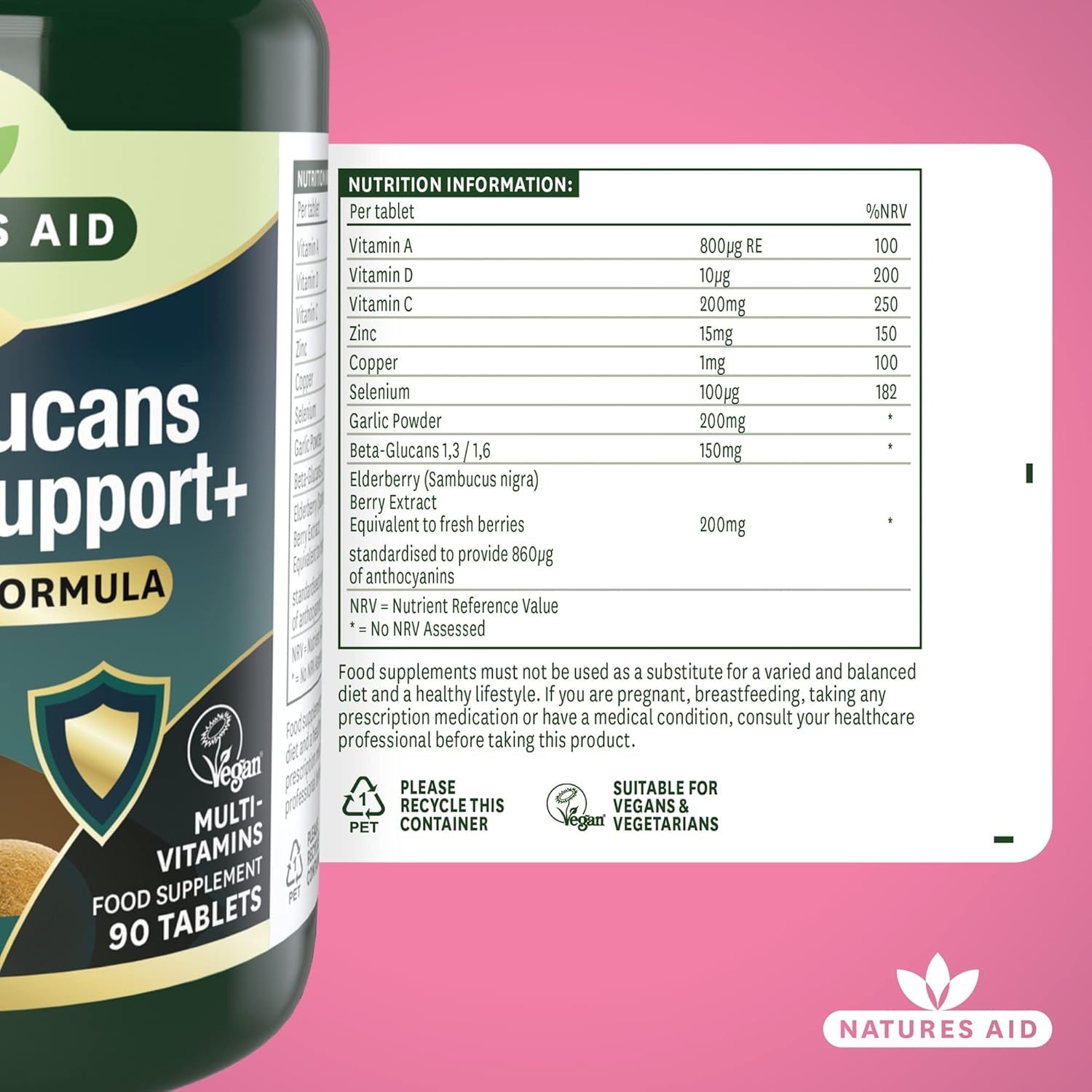 Natures Aid Beta Glucans Immune Support Supplement - Vitamin C, D3, A, Zinc, Selenium, Garlic & Elderberry - Immune System Support for Adults - Vegan, Gluten Free, Non-Gmo - 90 Tablets