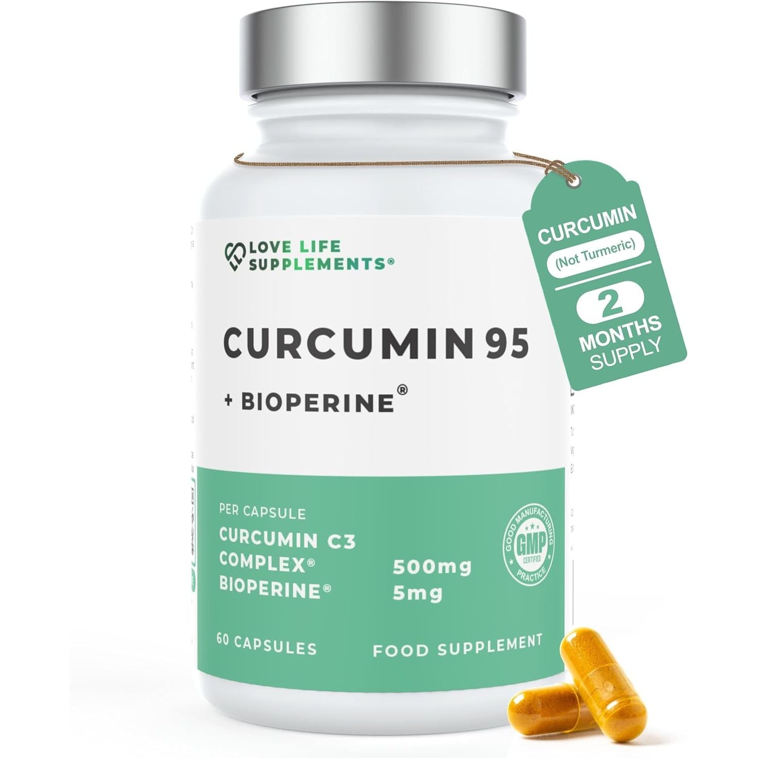 Curcumin 95 + Bioperine® by LLS | High Strength Turmeric Curcumin Capsules Containing 96.9% Curcuminoids and Black Pepper Extract | 500Mg X 60 Veg Capsules | Made in UK under GMP/BRC License