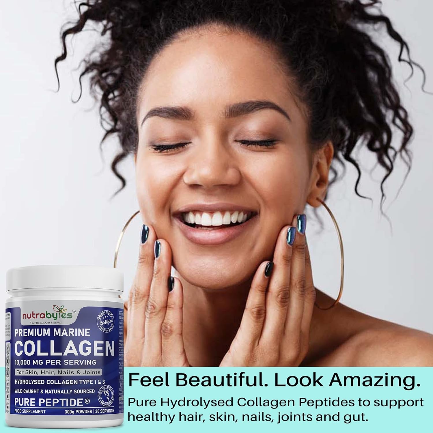 Marine Collagen Powder 10000Mg | Hydrolysed Collagen Peptides Type 1 & 3 with 19 Amino Acids for Skin, Hair, Nails & Joints | Unflavoured | Collagen Supplement for Women & Men | 30 Day Supply (300G)