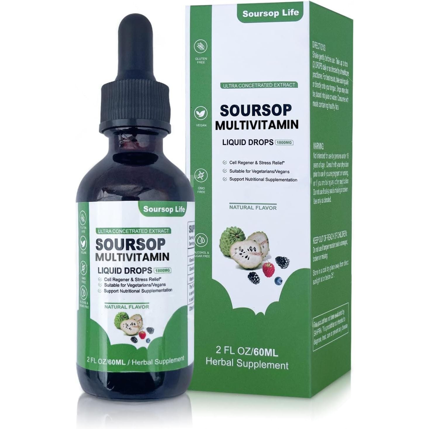 Soursop Multivitamin Drop Natural Energy Booster, Immune Support, Vegan,Gluten Free,Non-Gmo Vitamin B6,C,D, 60Ml