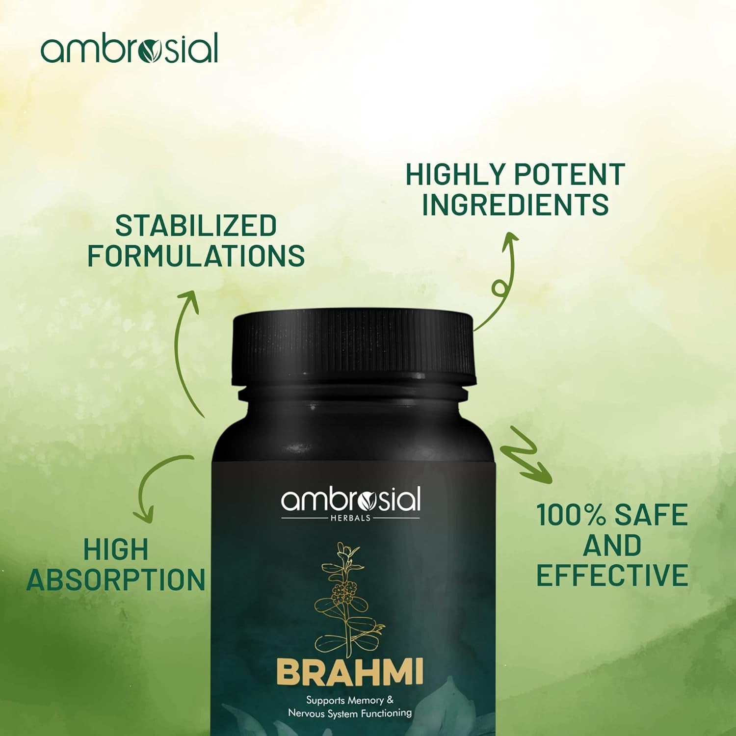 Bacopa Monnieri Brahmi Capsules - 500Mg 60 Tablets | | Bacopa Extract | Non - GMO | Gluten & Allergen Free | Brain Supplement | 100% Natural Ingredients | by Ambrosial
