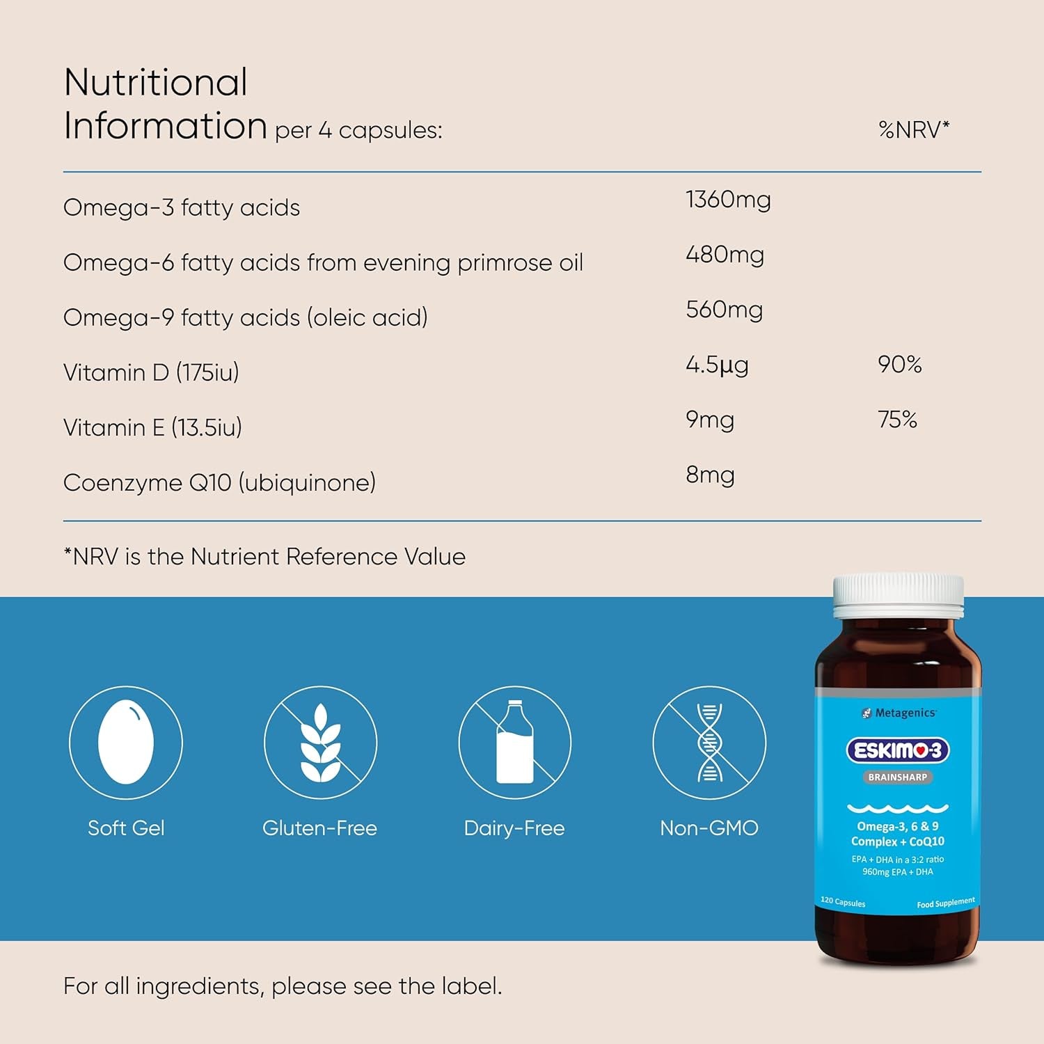 Eskimo-3 Brainsharp Fish Oil by Metagenics - Omega-3, 6 & 9 + Coq10 for Memory & Concentration - 960Mg EPA & DHA - Lemon, 120 Capsules