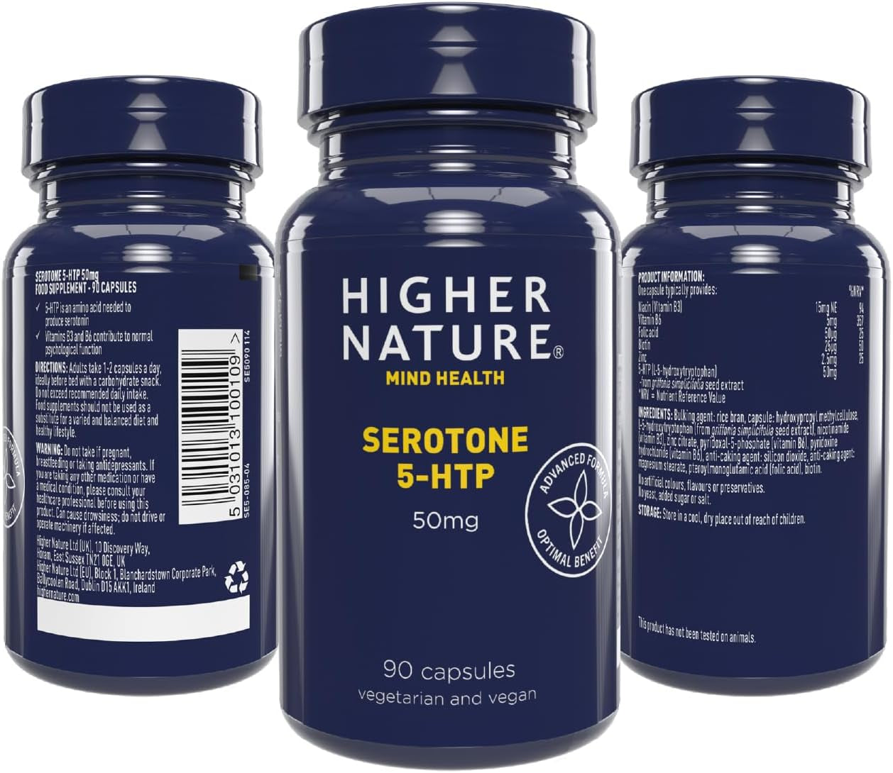 Higher Nature - Serotone 5HTP - 50Mg - Psychological Support - Natural Source of 5HTP - B Vitamins & Zinc - Vegan & Vegetarian - 90 Capsules