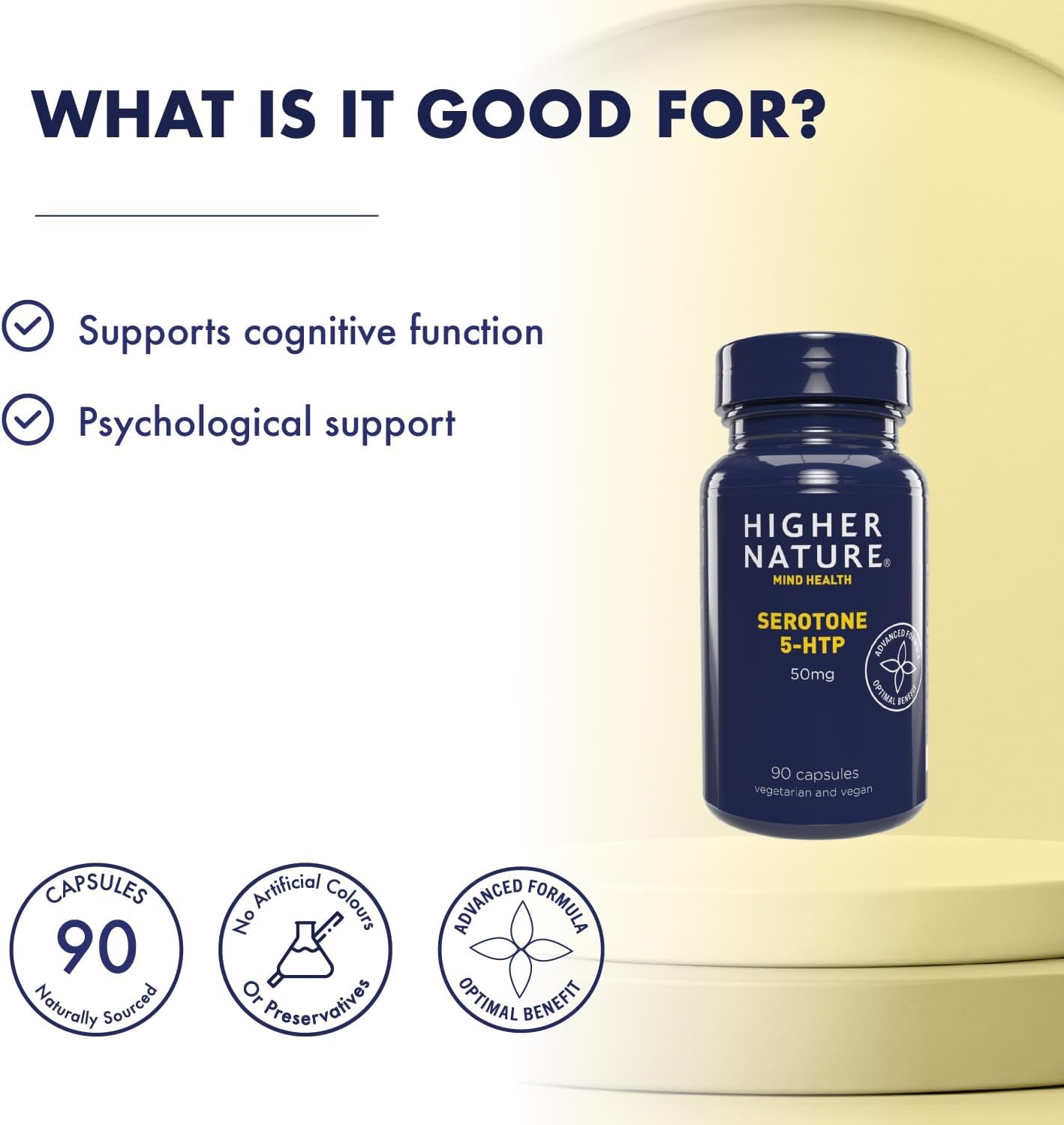 Higher Nature - Serotone 5HTP - 50Mg - Psychological Support - Natural Source of 5HTP - B Vitamins & Zinc - Vegan & Vegetarian - 90 Capsules