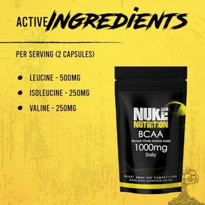 Nuke Nutrition BCAA Capsules | 180 Capsules 1000Mg | Advanced Essential Amino Acids Supplement to Build Lean Muscle | Boost Recovery, Muscle Building & Growth | Leucine, Isoleucine & Valine | Vegan