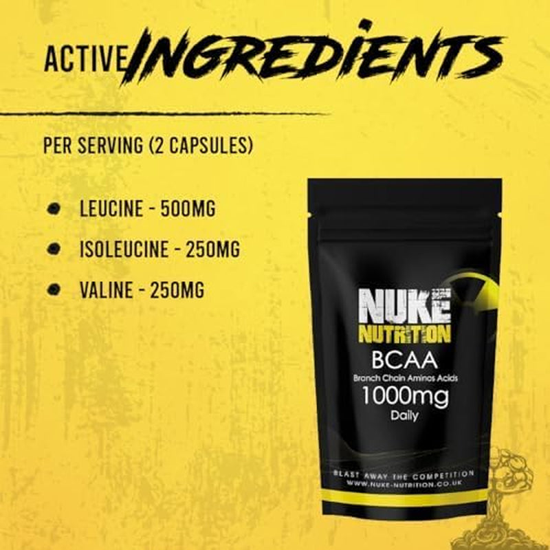 Nuke Nutrition BCAA Capsules | 180 Capsules 1000Mg | Advanced Essential Amino Acids Supplement to Build Lean Muscle | Boost Recovery, Muscle Building & Growth | Leucine, Isoleucine & Valine | Vegan