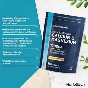 Calcium and Magnesium Tablets 1200Mg | High Strength Calcium & Magnesium Complex | 180 Vegan Tablets | by Horbaach