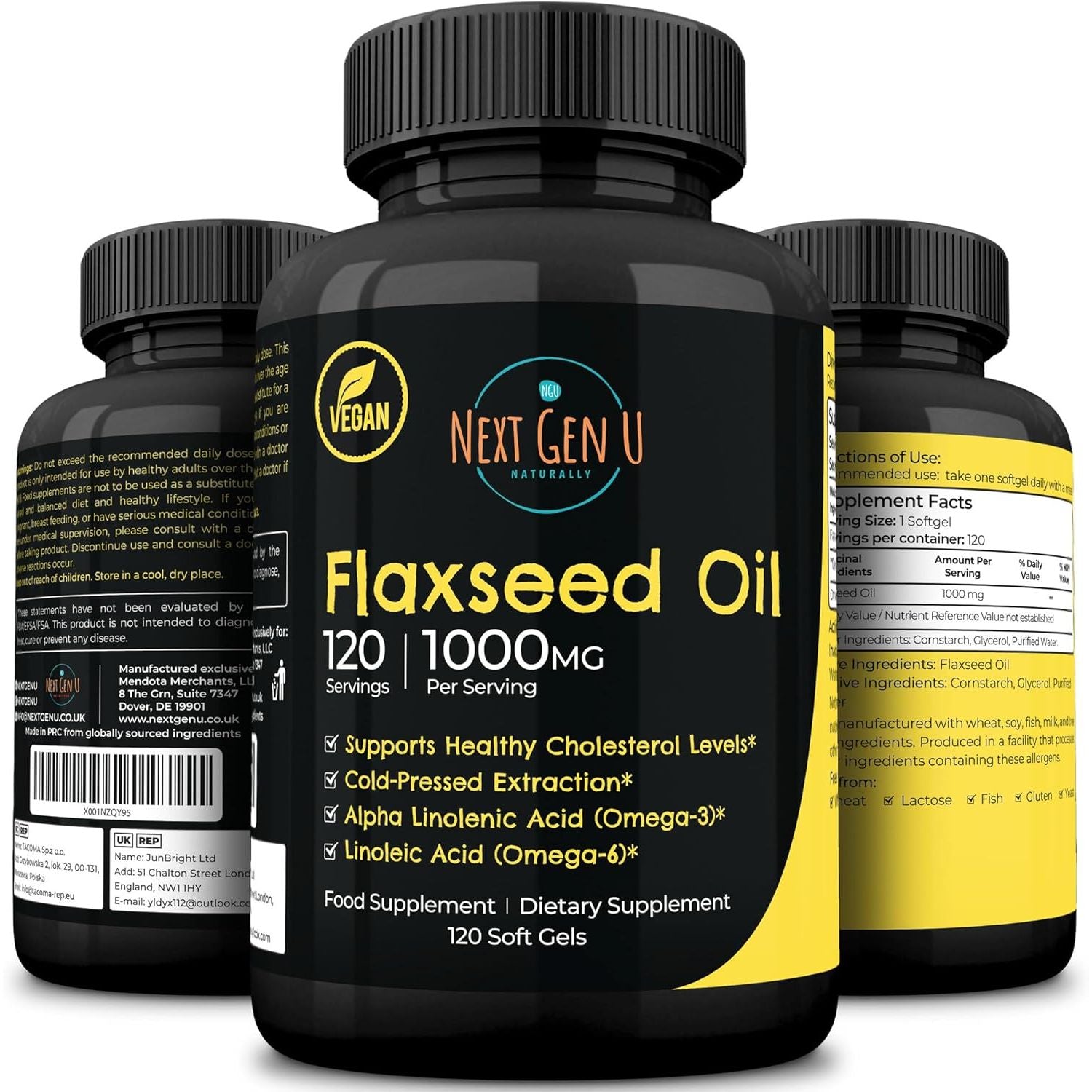 Flaxseed Oil Capsules - 1000 Mg - 120 Vegan Soft Gels - High in Omega 3, 6, 9 - Cold Pressed Flax Seed Formula - 4 Months Supply - by Nextgenu
