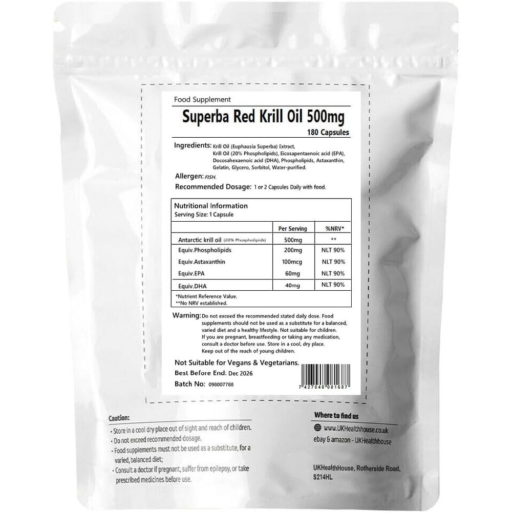 Ukhealthhouse Premium - Superba Pure Red Krill Oil Capsules - 500Mg X 180 - Extra High Strength