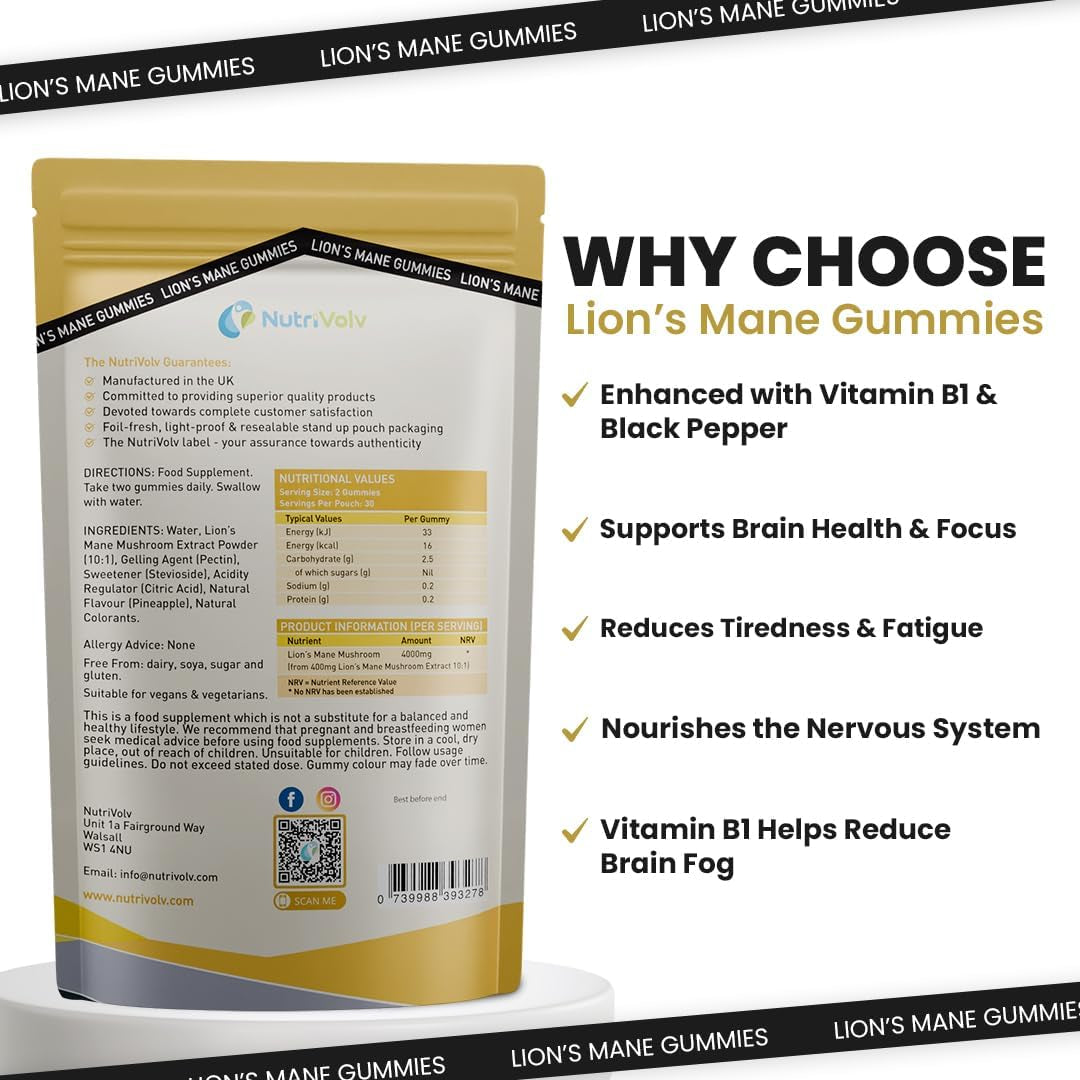 Lions Mane Gummies 4000Mg | Super Strength Lion'S Mane Supplement | 1 Month Supply | Mushroom Extract | Pineapple Flavour | 60 Vegan Gummies | Sugar Free | Focus, Mental Performance | by Nutrivolv