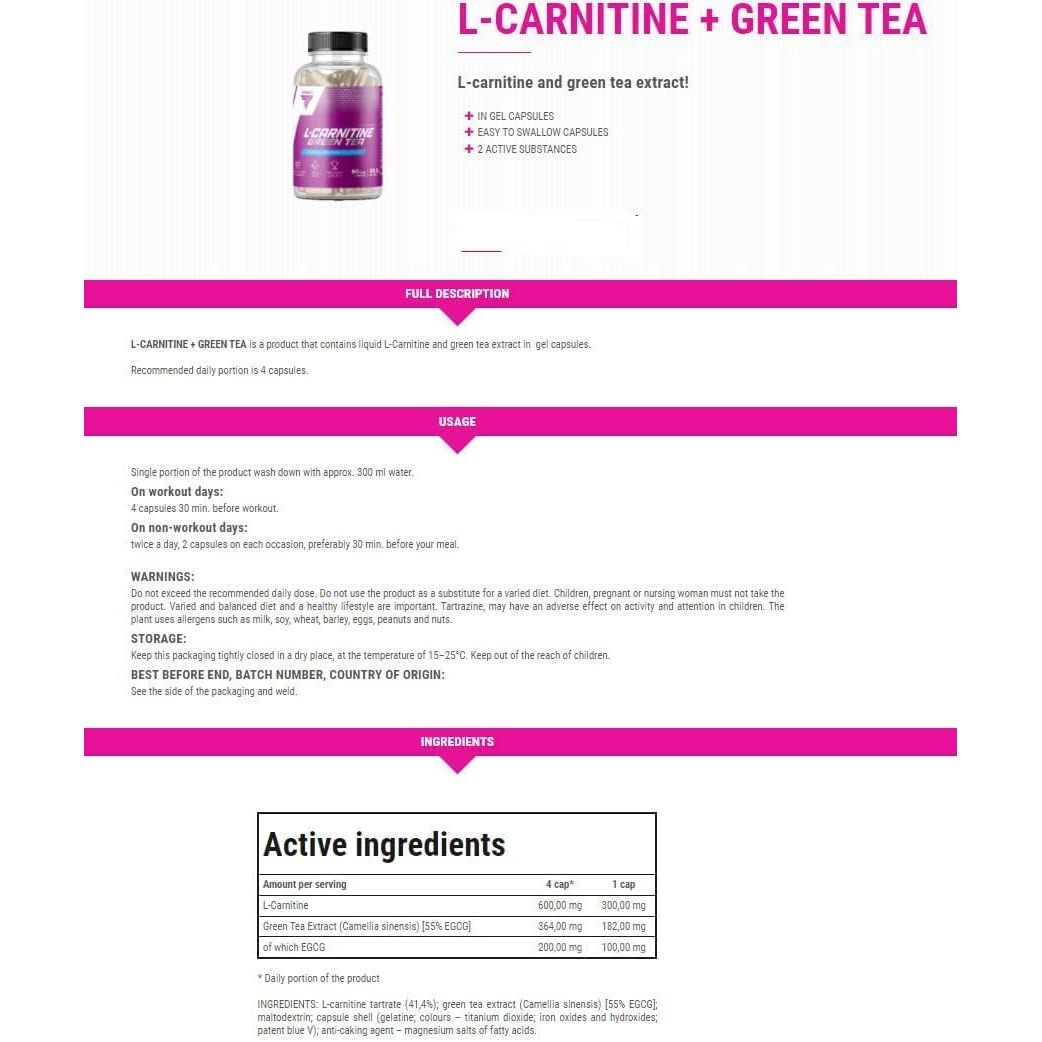 TREC Nutrition L-CARNITINE + Green Tea | Turn Fat into Energy | Weight Loss Metabolism Booster | 90 Capsules