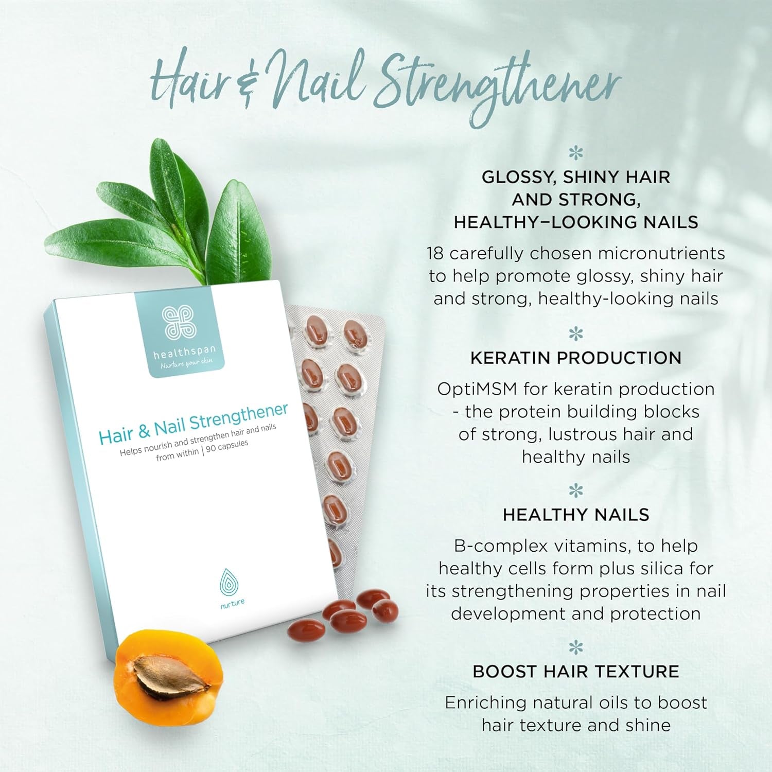 Healthspan Hair & Nail Strengthener (45 Days Supply) | Promote Glossy, Shiny Hair and Strong & Healthy Looking Nails | 18 Balanced Micronutrients | with Optimsm & Vitamin B-Complex | Vegetarian