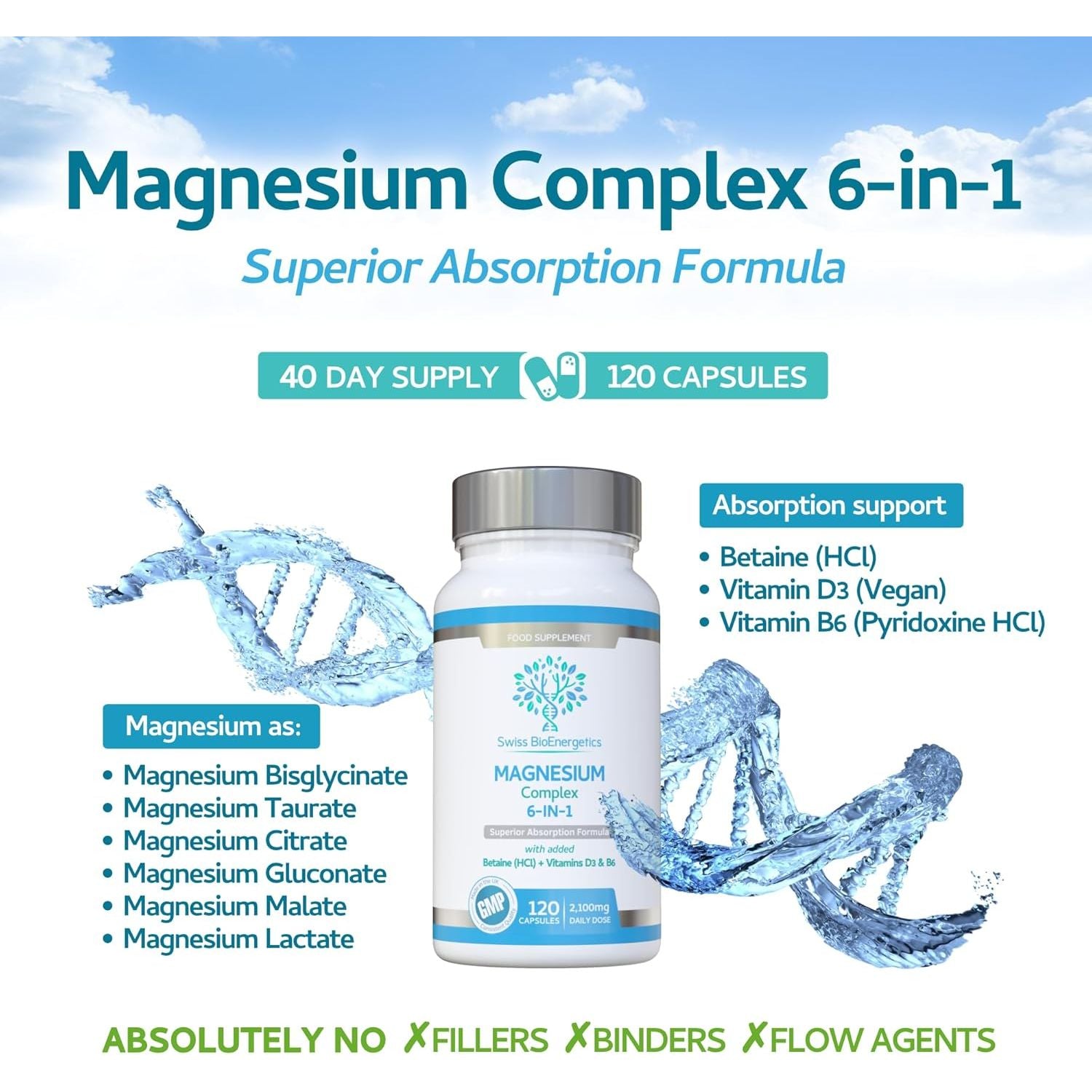 Magnesium Complex 6-In-1 | Max Absorption Formula 2100Mg of Magnesium Bisglycinate, Magnesium Taurate, Magnesium Citrate, Magnesium Gluconate, Magnesium Malate, Magnesium Lactate, Vegan UK Made