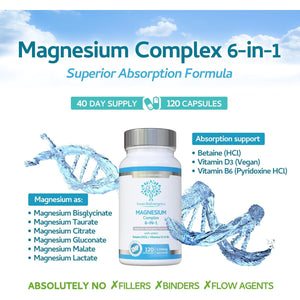 Magnesium Complex 6-In-1 | Max Absorption Formula 2100Mg of Magnesium Bisglycinate, Magnesium Taurate, Magnesium Citrate, Magnesium Gluconate, Magnesium Malate, Magnesium Lactate, Vegan UK Made