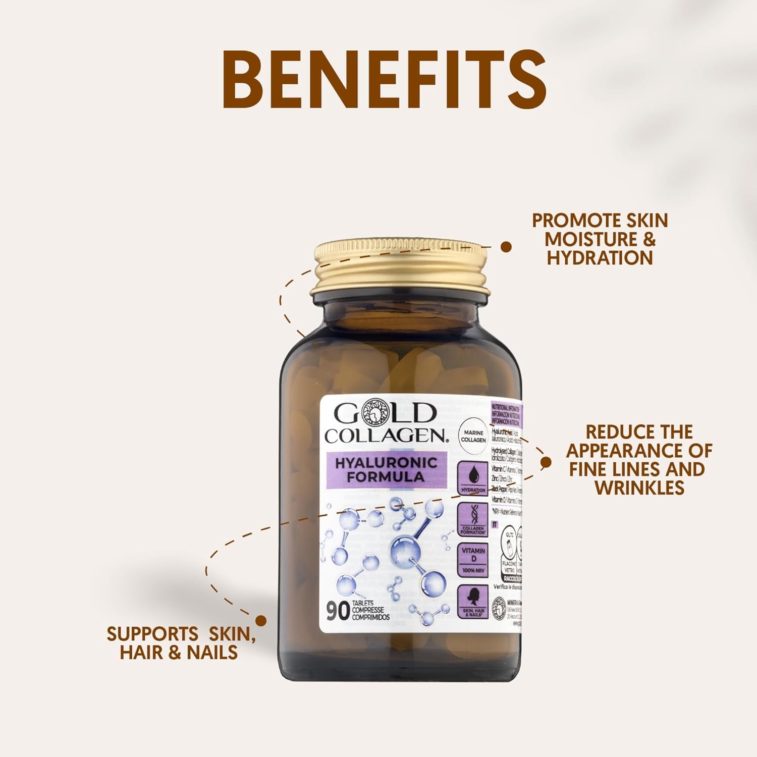 GOLD COLLAGEN Hyaluronic Formula - Collagen Supplements for Women Enhanced with Vitamin D, Vitamin C, Hyaluronic Acid & Zinc, 90 Tablets - Collagen Tablets for Skin Hydration, Hair, Nail & Joint Care
