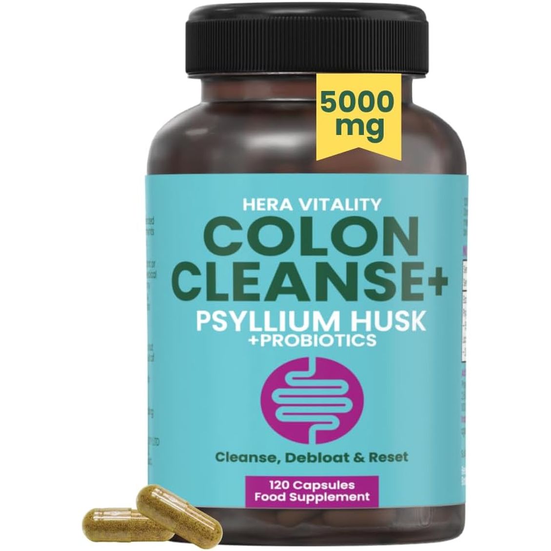 Colon Cleanse plus – 120 Vegan Capsules | Psyllium Husk Complex with Probiotics | High Fibre Digestive Support | Detox, Constipation Relief & Weight Management