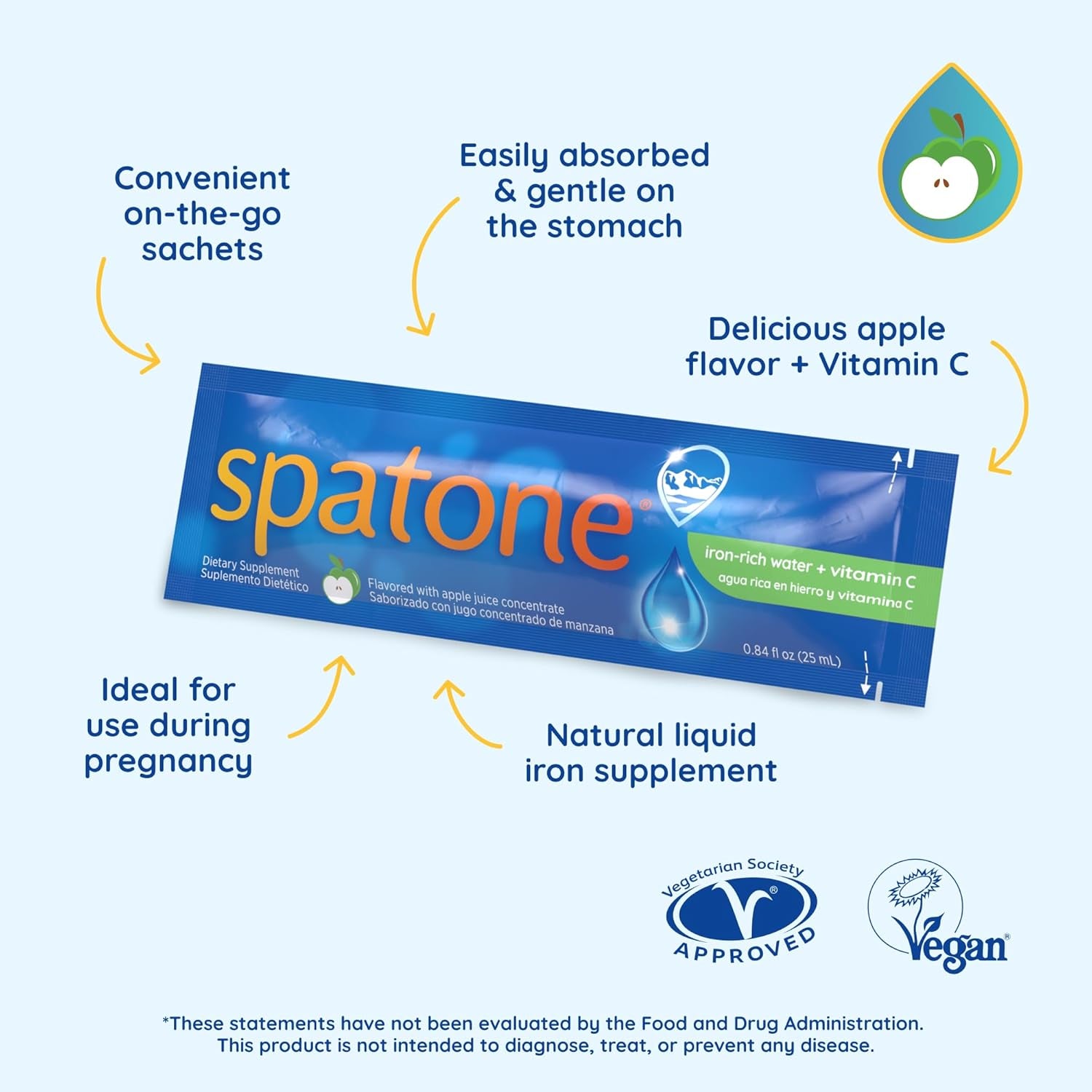 Spatone Natural Iron Supplement + Vitamin C (42 Sachets), Daily Convenient Liquid Iron Sachets, Nothing Artificial, Better Absorption than Tablets, Less Side Effects, Apple Flavour