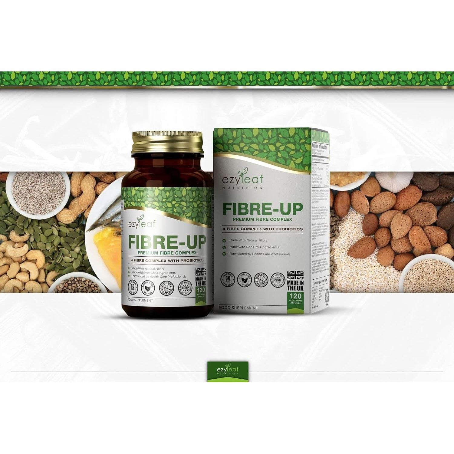Ezyleaf Fibre-Up Glucomannan Capsules Konjac Fibre Capsules + Inulin, Psyllium Husk, Acidophilus Probiotic, Acacia Fibre Prebiotics Diet | 120 Vcaps | UK ISO Certified, Non-Gmo, Vegan, Allergen Free