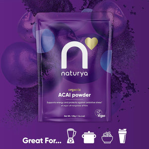 Naturya Organic Açaí Powder - Wild-Harvested from Amazonian Açaí Palms, Rich in Manganese & Vitamin A, High in Fibre, Antioxidant Superfood, Gluten-Free, Vegan - 125G Pouch