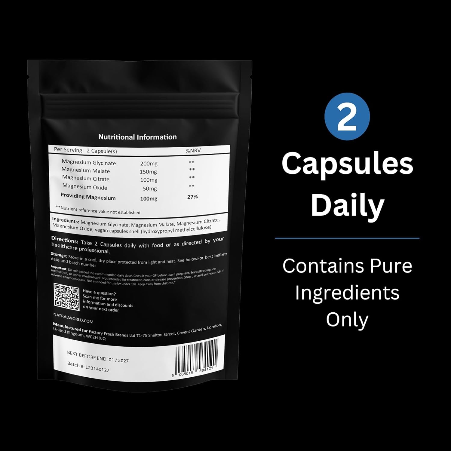 Magnesium Glycinate 4-In-1 Complex with Bisglycinate, Citrate, Malate, and Oxide- Superior Absorption - 60 Vegan Capsules - for Sleep & Muscle Function