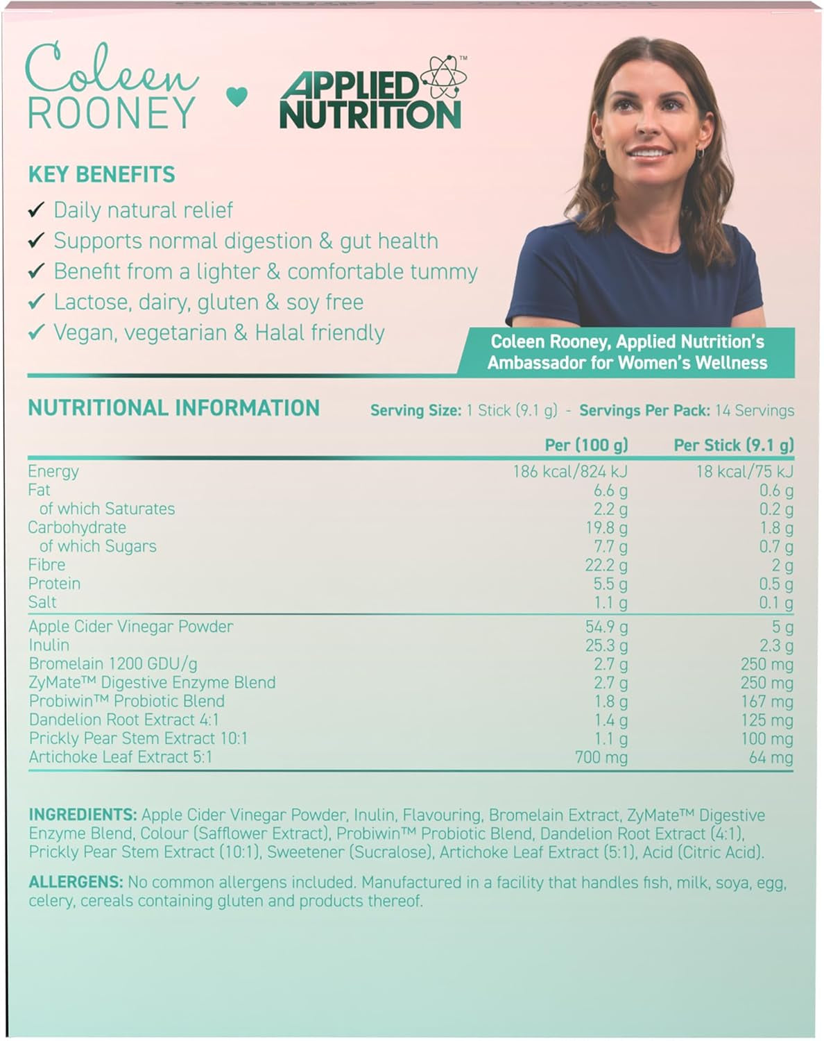 Applied Nutrition - Coleen Rooney - Debloat Powder - Apple Cider Vinegar & Enzymes, Best Digestive Health, Best Vegan Gut Support - Natural Bloating Relief (14 X 9.1G) (Pineapple, Mint & Prickly Pear)