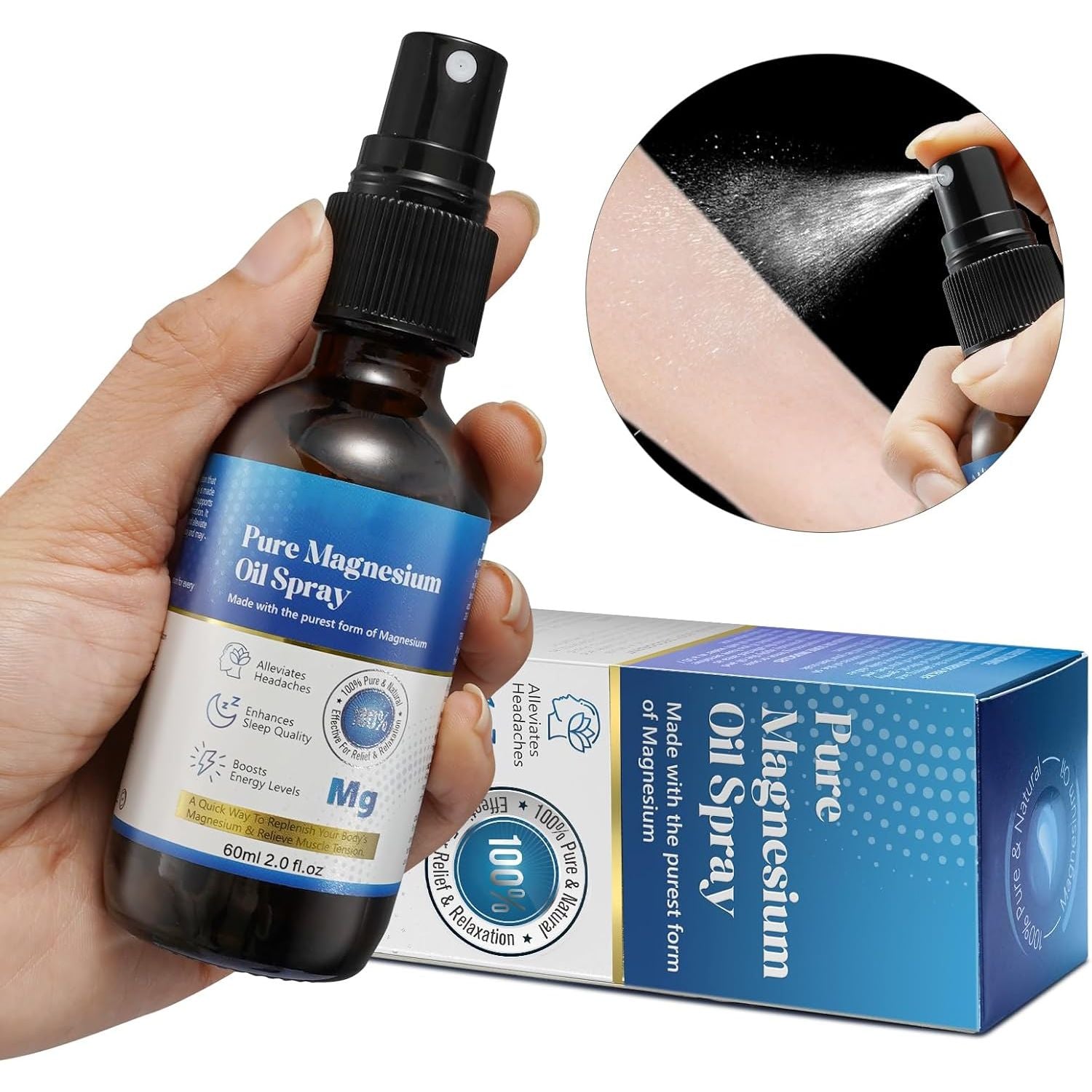 Pure Magnesium Oil Spray, 100% Natural Magnesium Spray, 60ML Magnesium Oil for Feet, Organic Topical Magnesium Spray