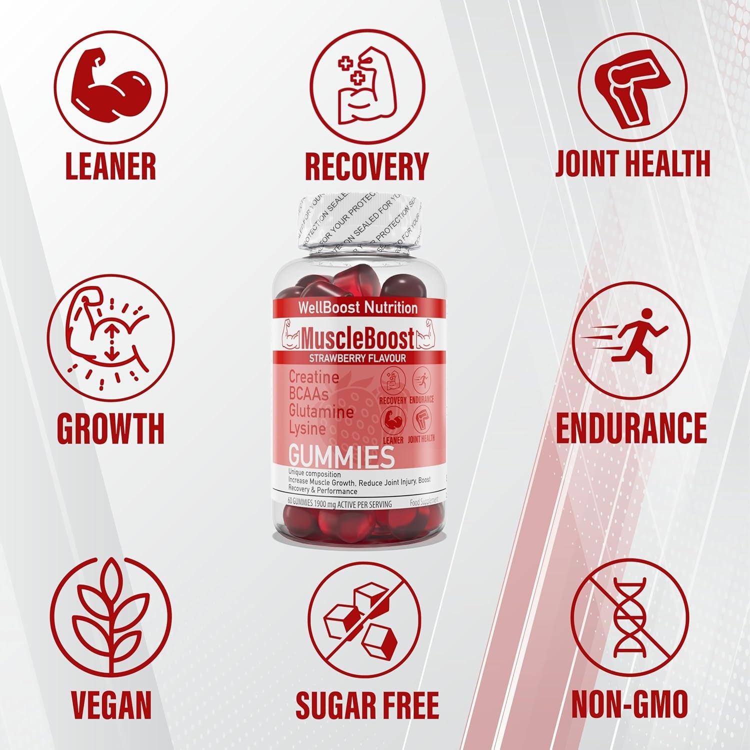 Muscleboost Gummies – Creatine, Bcaas, Glutamine & Lysine – Muscle Growth, Recovery & Endurance Support – Vegan, Sugar-Free, Strawberry Flavour – 60 Chewable Gummies for Adults