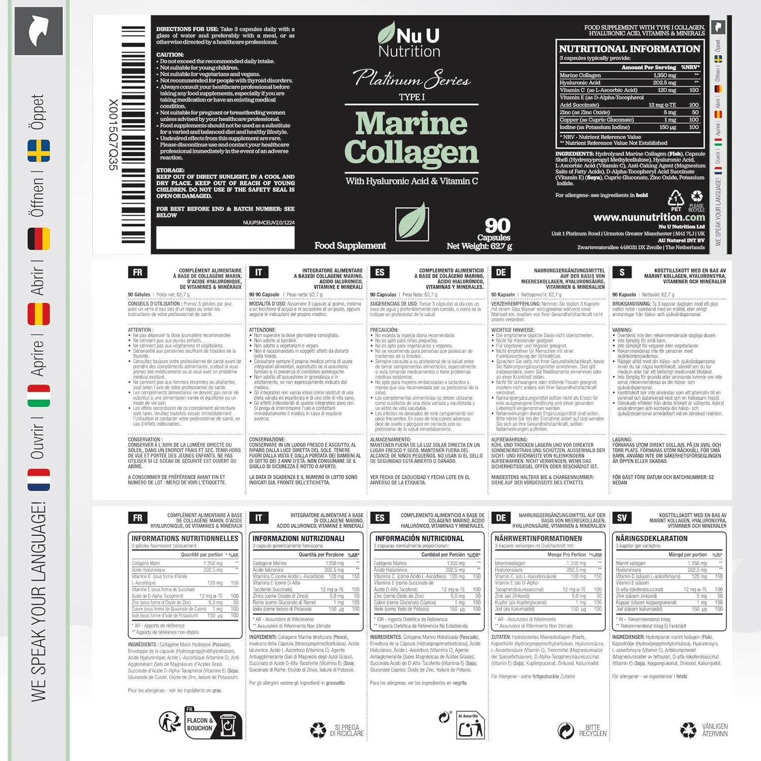 Marine Collagen with Hyaluronic Acid, Vitamin C - 90 Hydrolyzed Capsules (Not Tablets) - Premium High Strength Collagen Supplements for Women & Men - Type 1 Marine Collagen - Nu U Nutrition