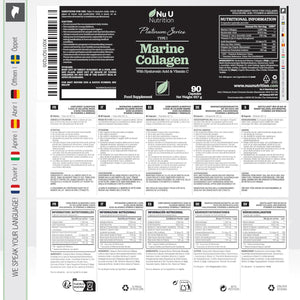 Marine Collagen with Hyaluronic Acid, Vitamin C - 90 Hydrolyzed Capsules (Not Tablets) - Premium High Strength Collagen Supplements for Women & Men - Type 1 Marine Collagen - Nu U Nutrition