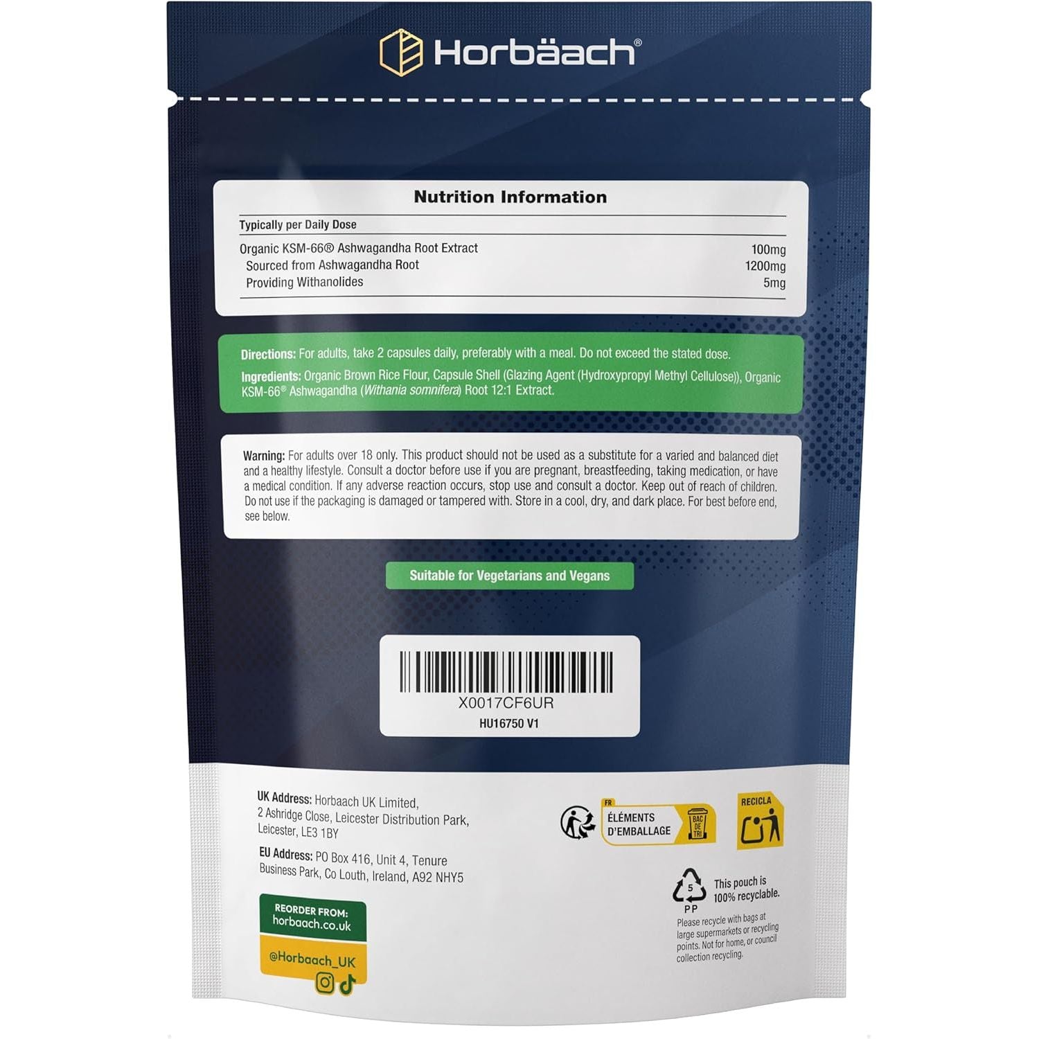 Organic Ashwagandha KSM-66® 1200Mg with 5% Withanolides | Pure Ashwagandha Root Powder | High Strength | 180 Vegan Capsules (Not Tablets) | Supplement for Men & Women | by Horbaach