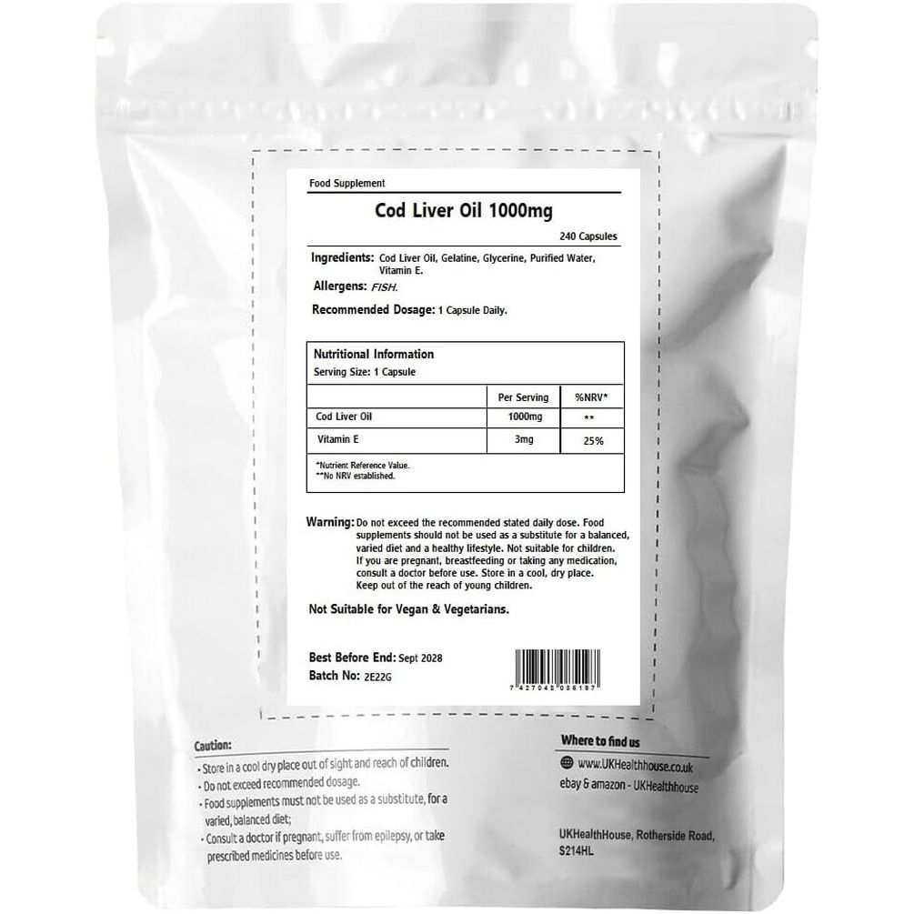 Ukhealthhouse Premium - Cod Liver Oil Capsules - 1000Mg X 240 - High Strength - Omega-3 Fatty Acids Vitamin E - EPA and DHA