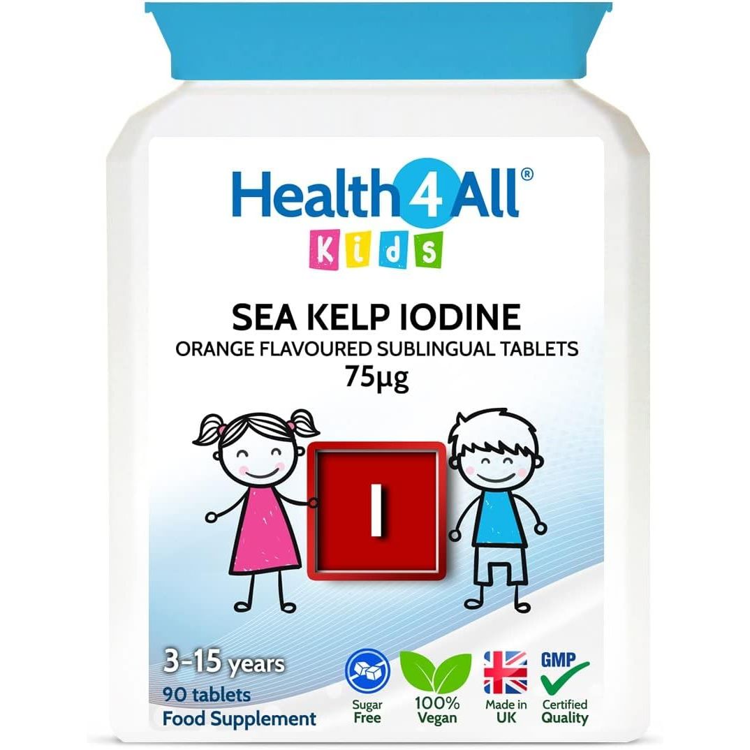 Health4All Kids Sea Kelp Iodine 75Mcg 90 Chewable Tablets 3 Months Supply, Natural Vegan Iodine Supplement for Children 3+, Supports Learning & Growth, Sugar-Free Orange Flavour | Made in UK
