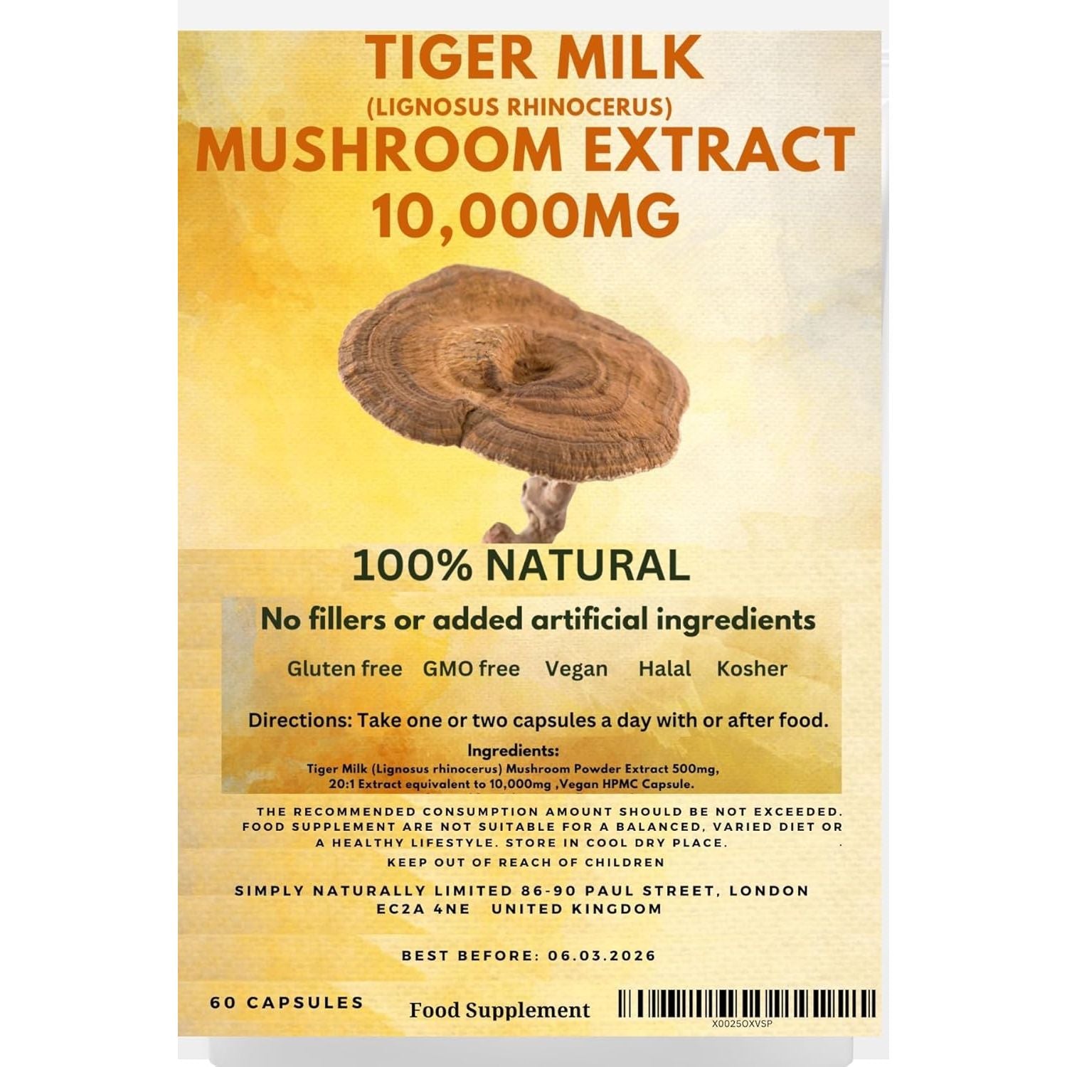 Tiger Milk Mushroom Extract 10,000Mg High Strength (Lignosus Rhinocerus) | 100% Fruiting Bodies | No Additives | Best Natural Respiratory Immune Support 60 Capsules (Pack of 1)