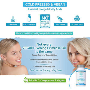 Evening Primrose Oil 1000Mg 90 Capsules - Vegan & Cold Pressed - Premium High GLA Formulation - No Gmos - UK Made Vegan Soft Gels