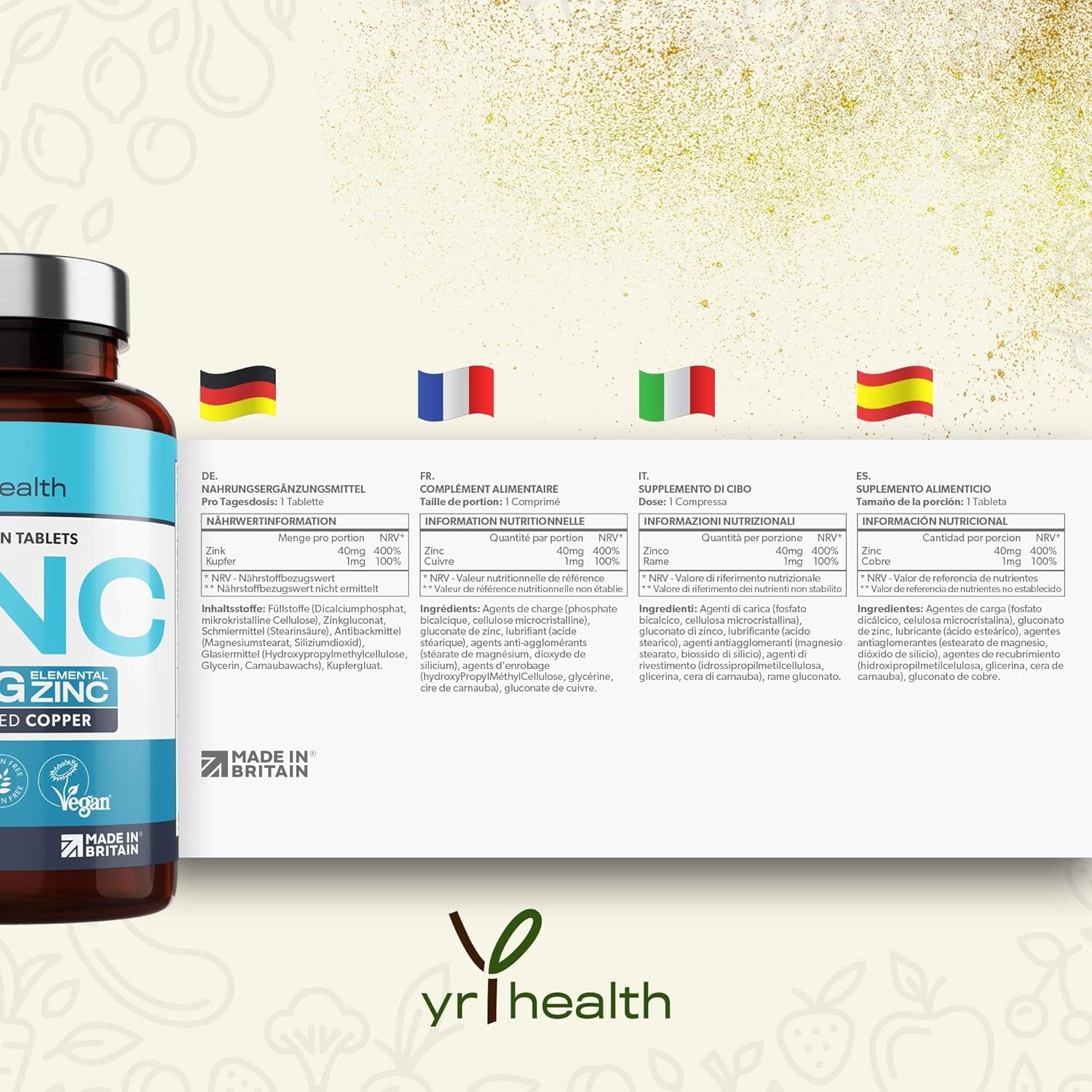 Vegan Zinc Tablets High Strength 40Mg - 365 Premium Zinc Gluconate Tablets - Zinc Supplements, 12 Month'S Supply - Zinc and Copper Supplement - Zinc 40Mg - Made in the UK by Yrhealth