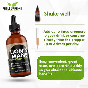 Feel Supreme - Lions Mane Supplement High Strength Mushroom Extract - Liquid Drops, 10:1 - Whole Fruiting Body - Brain Booster Supplements, Mushroom Supplement, Lions Mane Drops - 60Ml
