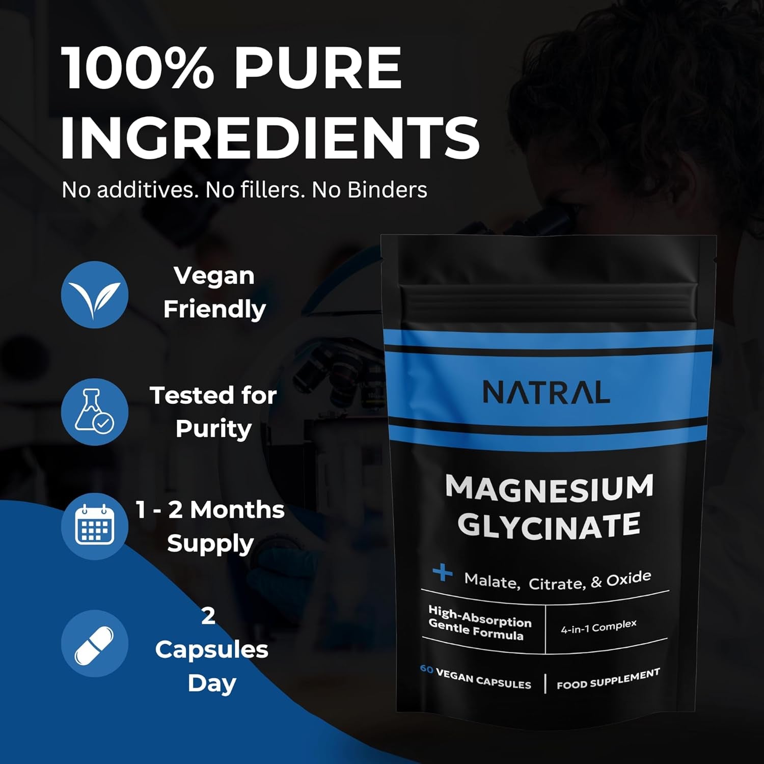 Magnesium Glycinate 4-In-1 Complex with Bisglycinate, Citrate, Malate, and Oxide- Superior Absorption - 60 Vegan Capsules - for Sleep & Muscle Function