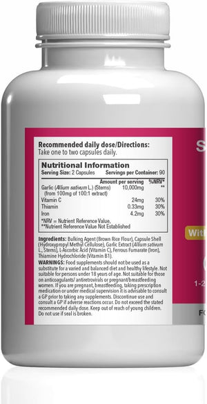 High-Strength Odourless Garlic Capsules | Supports Heart, Normal Blood Circulation & Immune Health | with Vitamin C, Iron & Thiamine | Vegan Friendly | 180 Capsules = 3 Months’ Supply | UK Made