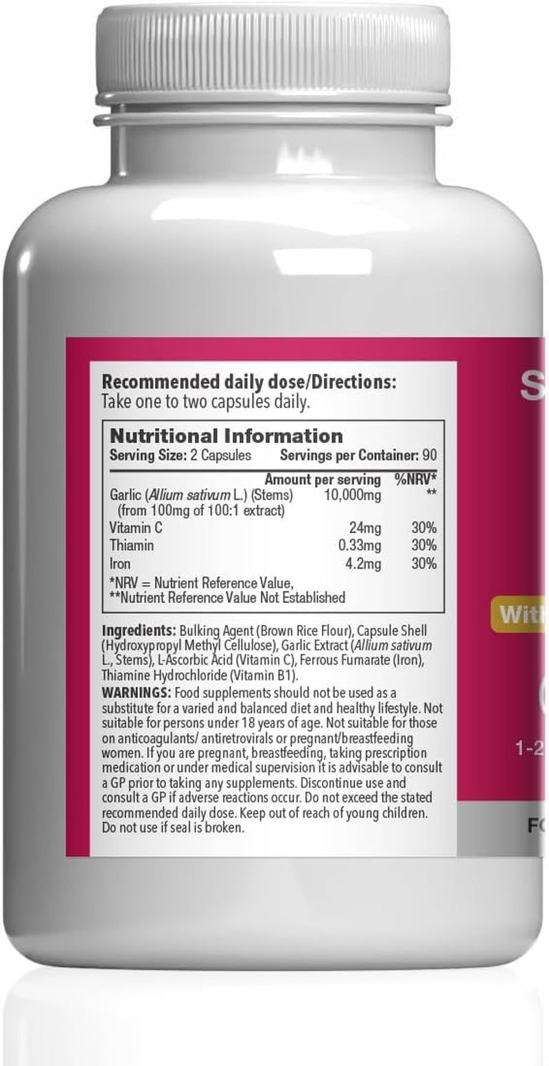 High-Strength Odourless Garlic Capsules | Supports Heart, Normal Blood Circulation & Immune Health | with Vitamin C, Iron & Thiamine | Vegan Friendly | 180 Capsules = 3 Months’ Supply | UK Made