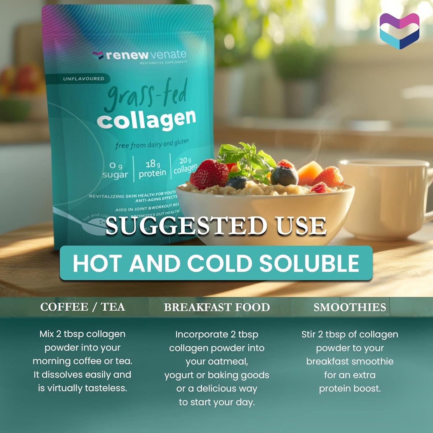 Renewvenate Collagen Supplements for Women – Daily Blend with Hydrolyzed Collagen Peptides for Radiant Skin, Stronger Hair, Nails, and Joint Health – Vegan and Bovine Collagen Options Available