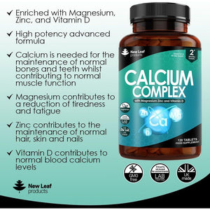 Calcium Magnesium Zinc and Vitamin D Supplement - 120 High Strength Tablets Supplement with Magnesium Vitamin D, Zinc Tablets Complex Made in the UK by New Leaf