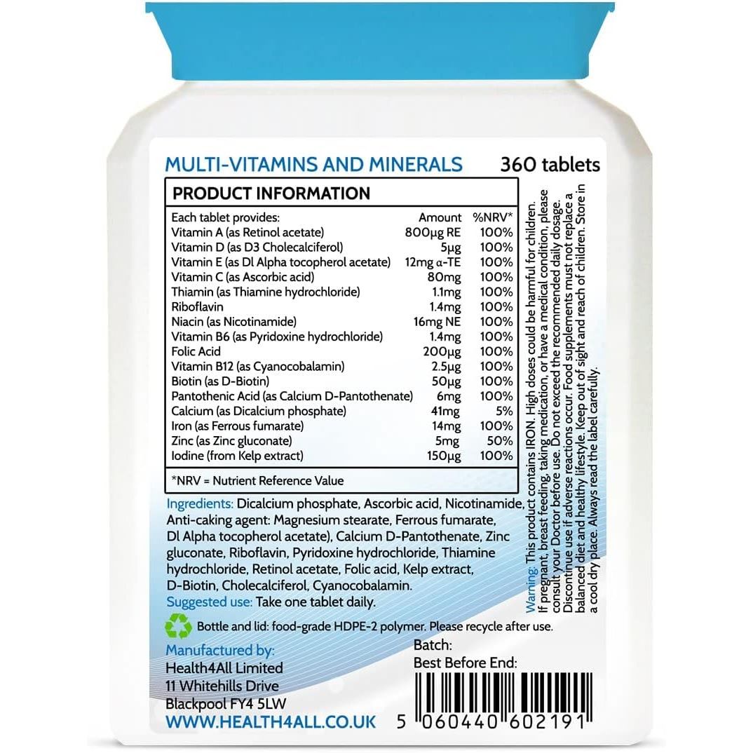 Health4All Multivitamins & Minerals One a Day 360 Easy to Swallow Tablets, 1 Year Supply, 100% RDA Daily Essential Nutrients for Men & Women, Supports Energy, Immunity & Overall Health | Made in UK