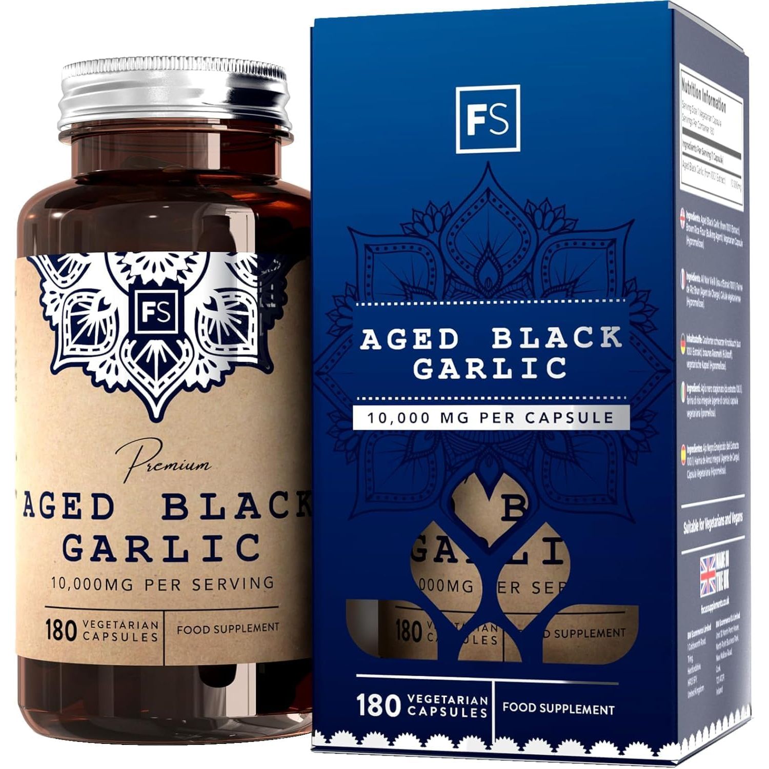 FS Garlic Capsules | 180 Odourless-Garlic Capsules - 10,000Mg Extract per Serving | Aged Black Garlic Supplement | Garlic High Strength | Non-Gmo, Gluten & Allergen Free | Made in the UK