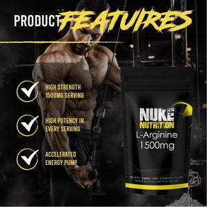 Nuke Nutrition L Arginine Capsules 1500Mg - 60 Capsules - Nitric Oxide Supplement for Men & Women to Improve Muscle Strength, Endurance & Mass - Nutritional Pre Workout - Nitric Acid Pills for Energy