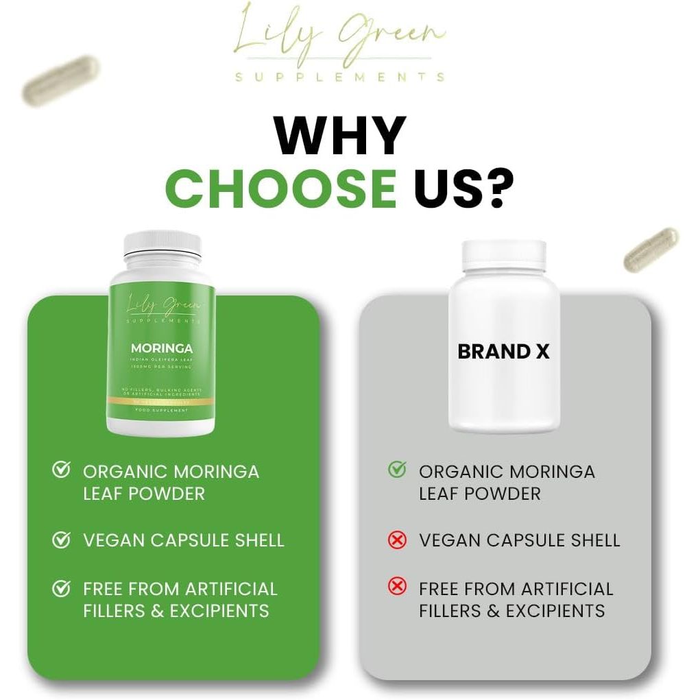 Lily Green Organic Moringa Capsules | 1500Mg per Serving Amino Acid Supplements | Rich in Vitamins, Calcium, Iron, Potassium & Antioxidants | No Artificial Additives | 90 Vegan Capsules | Made in UK