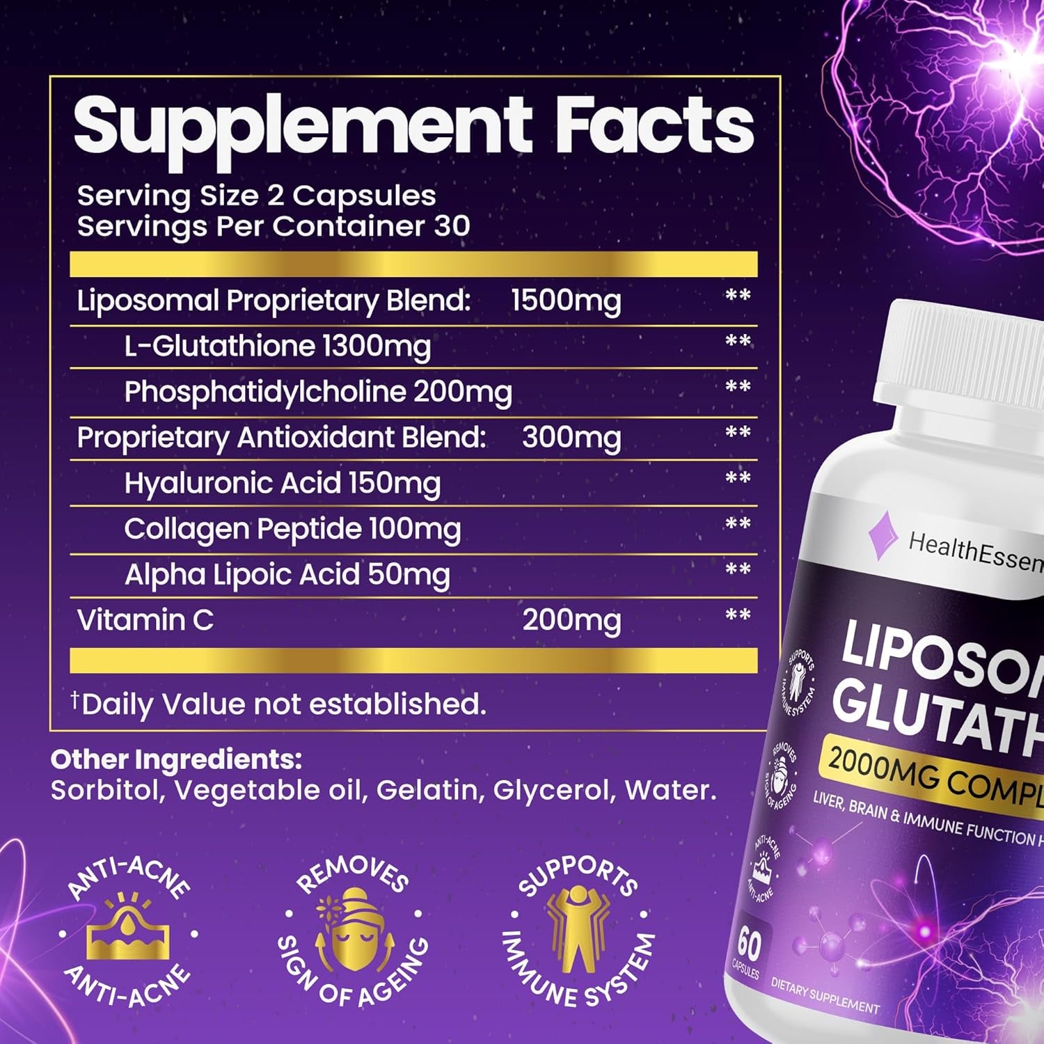 Liposomal Glutathione, 2000Mg Complex with Vitamin-C and Collagen Peptides, Liposomal Vitamin C, Glutathione Supplement, Superior Bioavailability 10X Absorption - 60 Softgels
