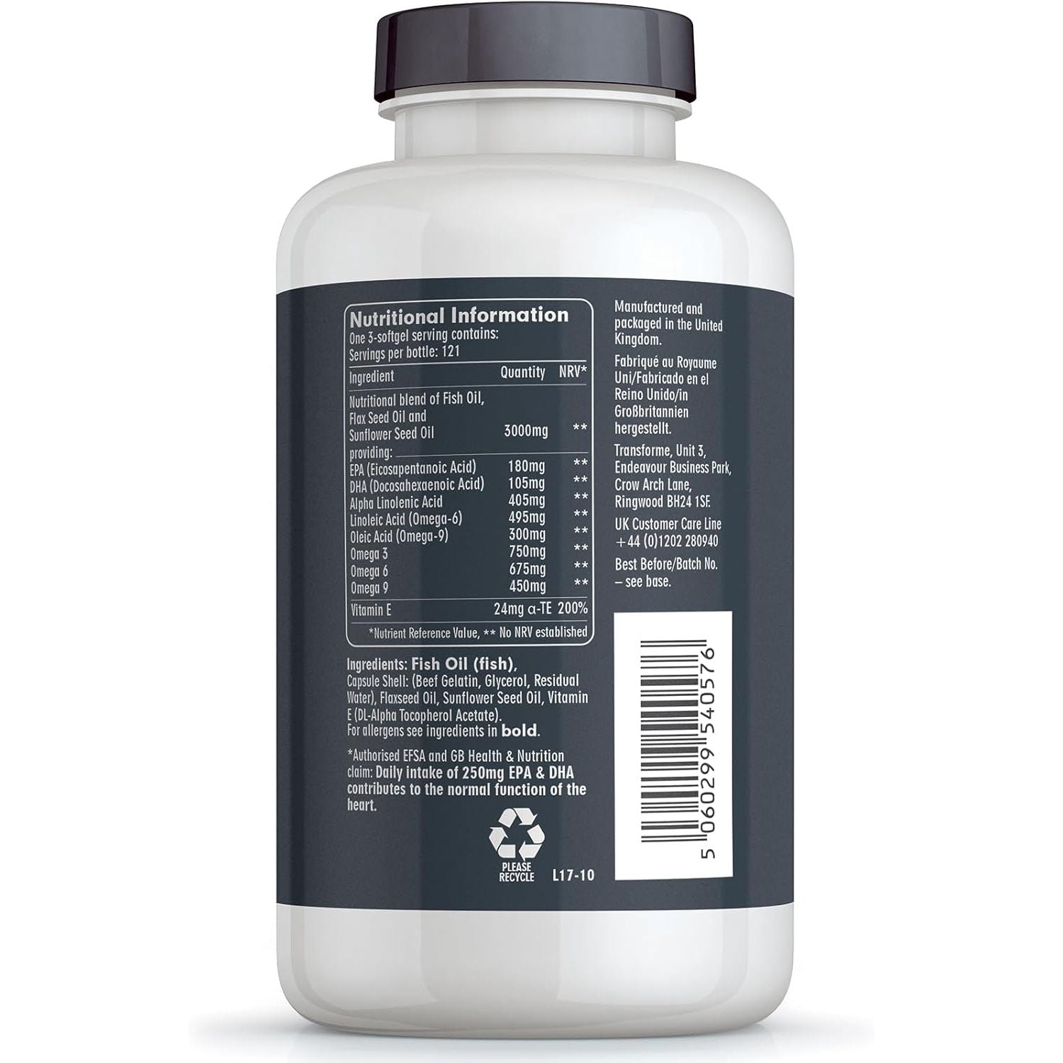 Transforme Omega 3 6 9 Fish Oil 1000Mg 365 Capsules, Fish Oil, Flaxseed Oil & Sunflower Seed Oils, EPA, DHA, ALA, LA, Oleic Acid, 3 Softgel 3000Mg Serving, Gluten Free, UK Made