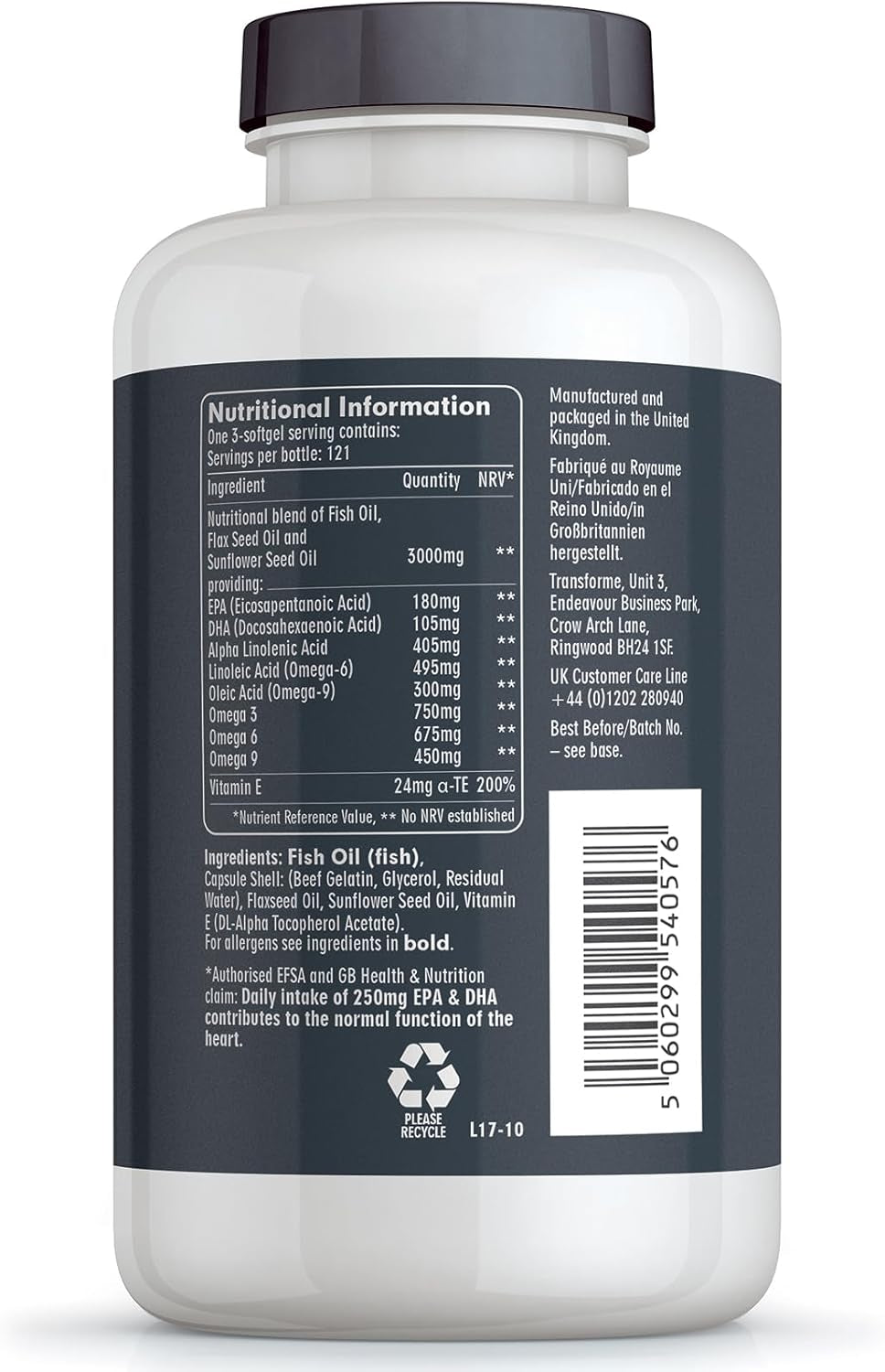 Transforme Omega 3 6 9 Fish Oil 1000Mg 365 Capsules, Fish Oil, Flaxseed Oil & Sunflower Seed Oils, EPA, DHA, ALA, LA, Oleic Acid, 3 Softgel 3000Mg Serving, Gluten Free, UK Made